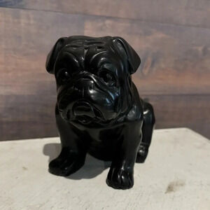 Heavy Black Carved Bulldog Sculpture Stone/Wood Pug Dog Statue 4 Pounds